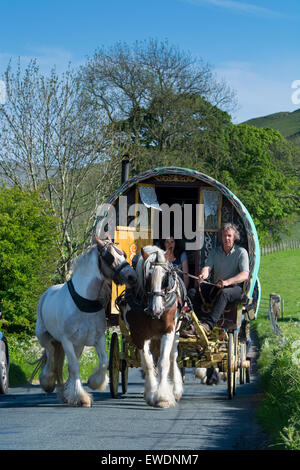 Pferdekutsche Wohnwagen unterwegs, Appleby Fair, Frühsommer, Cumbria, England. Stockfoto