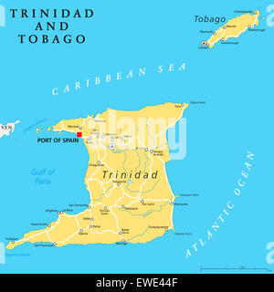 Trinidad und Tobago politische Karte mit Hauptstadt Port Of Spain. Twin-Inselstaat in der Windward-Inseln und kleinen Antillen. Stockfoto