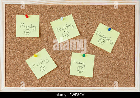 Post-It Zettel mit Wochentagen und Smileys auf Pinnwand geklebt. Stockfoto