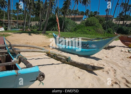 Strand mit schmalen Türkis leichte Holz Boote am Rocky Point Strand am 14. Dezember 2015 in Tangalle, Sri Lanka. Stockfoto