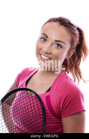 glückliche Frau Fit zu halten mit dem Tennisspielen Stockfoto