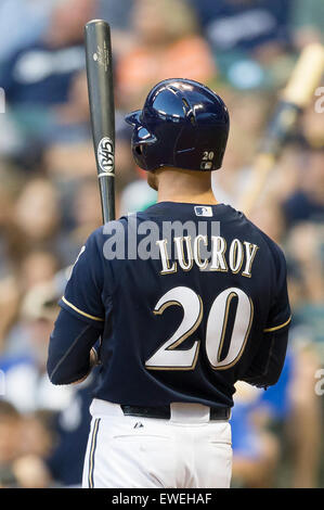 Milwaukee, WI, USA. 23. Juni 2015. Milwaukee Brewers Catcher Jonathan Lucroy #20 während der Major League Baseball Spiel zwischen den Milwaukee Brewers und die New York Mets im Miller Park in Milwaukee, Wisconsin. John Fisher/CSM/Alamy Live-Nachrichten Stockfoto