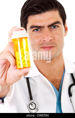 Stock Bild des Arztes halten Sie eine Flasche von verschreibungspflichtigen Medikamenten Stockfoto