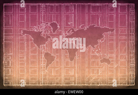 Globales Netzwerk als Blaupause Skizze Stockfoto