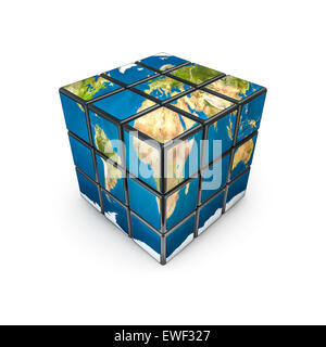 Erde Puzzle Cube, 3D Puzzle Cube mit Earth-Karte auf Seiten rendern Stockfoto