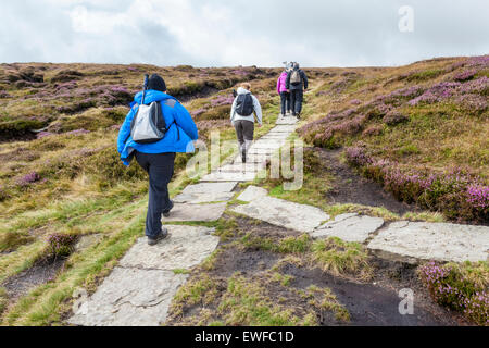 Wanderer zu Fuß auf einem Stein Fußweg über Moorlandschaften, Kinder Scout, Derbyshire, Peak District, England, Großbritannien Stockfoto