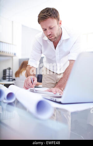 Architekt Entwurf Blaupause im Büro konzentriert Stockfoto