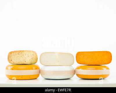 drei Arten von Käse, die in Linie auf weißem Hintergrund angeordnet Stockfoto