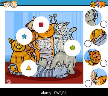Cartoon Illustration der Übereinstimmung der Stücke-Lernspiel für Kinder im Vorschulalter mit Katzen Tier Zeichen Stock Vektor