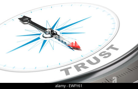 Kompass mit Nadel zeigt die Wort vertrauen, Vertrauen auf weißem Hintergrund. Stockfoto