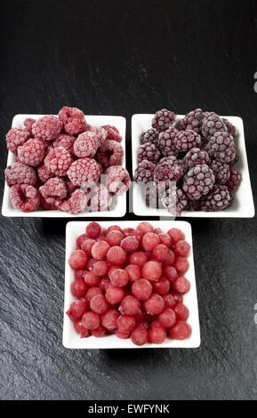 Drei kleine Porzellangeschirr mit gefrorenen Himbeeren, Johannisbeeren und Brombeeren auf dem Schiefer Tablett Stockfoto