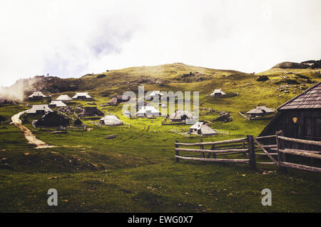 Dieses Bild zeigt eine Ansammlung von Häusern in einem üppig grünen Tal, umgeben von Hügeln und offenen Flächen. Das lebhafte Grün schafft eine friedliche und malerische ländliche Umgebung. Die Häuser sind wahrscheinlich Teil eines kleinen, malerischen Dorfes. Stockfoto