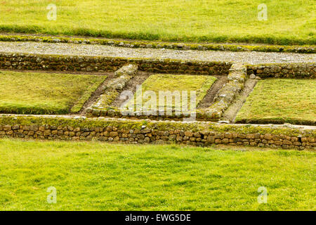 Ein Blick aus der Nähe auf rechteckige Gartenbetten, die von niedrigen, moosbedeckten Steinmauern umgeben sind, inmitten eines lebendigen grünen Wiese. Die Steinmauern sind aus unregelmäßig geformten Steinen gebaut, was zu sehen ist Stockfoto