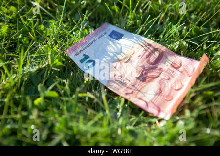 10 Euro-Banknote mit Regen Tropfen liegend auf dem Rasen Stockfoto