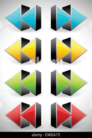 Glänzende 3d vorwärts und rückwärts (Rücklauf, schneller Vorlauf) Pfeil-Buttons, Icons. Stock Vektor
