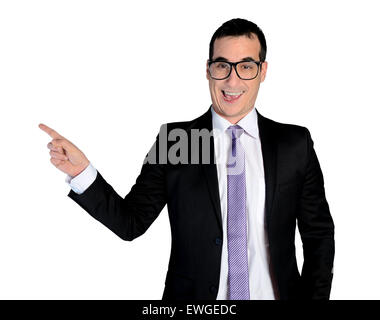 Isolierte Funny Business Mann zeigte Seite Stockfoto