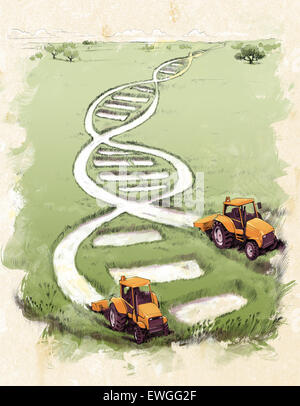 Anschauliches Bild des Helix-Modells im landwirtschaftlichen Bereich mit Traktoren Stockfoto