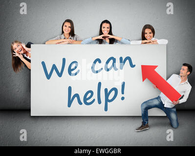 Wir können Hilfe zu Word schreiben auf weiße Fahne Stockfoto