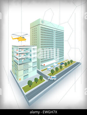 Isometrische Krankenhaus mit Hubschrauberlandeplatz auf modernem 3D Design Dachmodell isoliert auf weißem Hintergrund Stockfoto