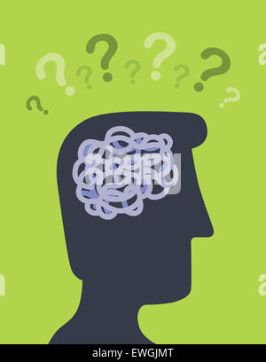 Männliche Silhouette Profilbild mit Fragezeichen auf dem Kopf Stockfoto