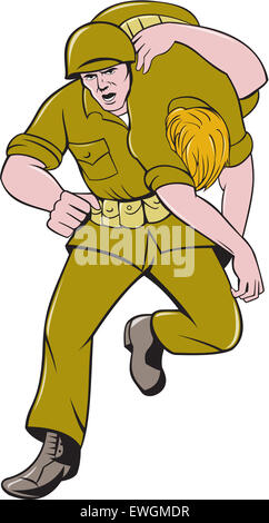 Cartoon-Stil Illustration ein zweiter Weltkrieg amerikanischer Soldat Soldat trägt verwundet Genosse auf Schulter von Vorderseite auf isolierten weißen Hintergrund getan im Cartoon-Stil betrachtet. Stockfoto