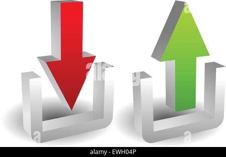 3D Upload und Download-Buttons oder innen, außen, Import, Export Konzept Pfeile. Stock Vektor