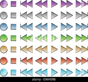 Multimedia, audio, Medien, Videa Tastensatz. Wiedergabetasten Sie, schnell vorwärts, rückwärts, nächsten, vorherigen, Stop, Record. Stock Vektor