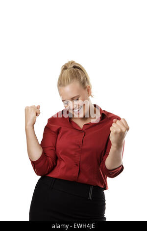 sehr glücklich Geschäftsfrau mit ihre Arme nach oben in die Luft zu feiern ihren Erfolg Stockfoto