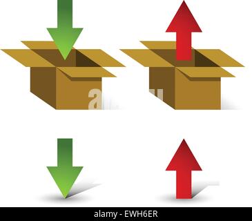 3D-Boxen mit nach oben und unten Pfeile und isolierten Pfeile mit eigenen, einzigartigen Schatten. Upload, Download oder Logistik, Verpackung, Export, Stock Vektor