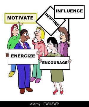 Business-Cartoon von Geschäftsleuten mit Schildern auf "motivieren: inspirieren, beeinflussen, Energie zu tanken, zu fördern". Stockfoto