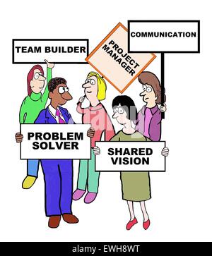 Business-Cartoon von Geschäftsleuten mit Schildern, "Projekt-Manager: team Builder, Kommunikation, gemeinsame Vision, Problemlöser". Stockfoto