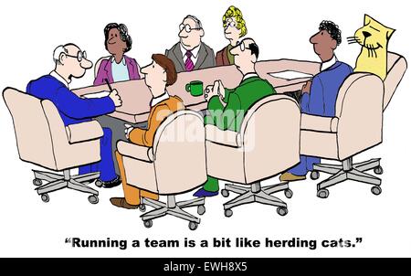 Geschäft Cartoon der Sitzung einschließlich einer Katze, sagt Führer, "ausgeführt, dass ein Team ist ein bisschen wie herding Cats". Stockfoto