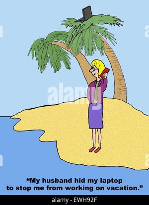 Business-Cartoon von Frau auf Workcation, "Mann versteckte Laptop um mich im Urlaub Arbeiten hindern". Stockfoto