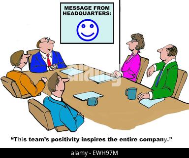 Business-Cartoon von Tagungs- und Diagramm mit glückliches Gesicht, dieses Team Positivität, inspiriert das gesamte Unternehmen. Stockfoto