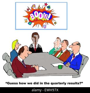 Geschäft Cartoon treffen, das Wort "Boom" und Führer sagen, "erraten, wie wir in den Quartalsergebnissen Tat". Stockfoto