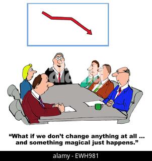 Business-Cartoon zu treffen und sinkende Umsätze, "was passiert, wenn wir nicht alles überhaupt ändern... und etwas Magisches passiert einfach" Stockfoto