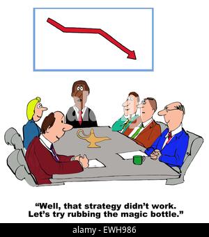 Business-Cartoon von treffen und Diagramm zeigen rückläufige Umsätze, "dass Strategie nicht funktionierte.  Lassen Sie uns versuchen reiben die magische Flasche " Stockfoto
