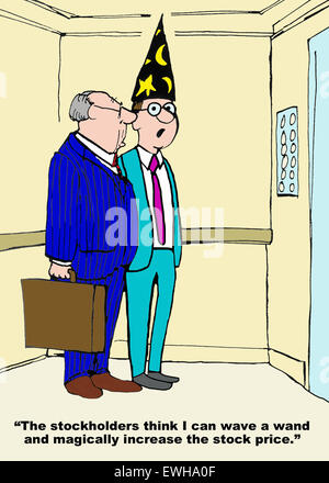 Business-Cartoon von Geschäftsmann in Zaubererhut sagen, "Aktionäre denke ich kann... wie von Zauberhand der Kurs der Aktie zu erhöhen". Stockfoto