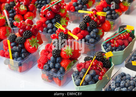 Anzeige der gemischte frische Früchte Beeren in Containern zum Verzehr bereit. Stockfoto