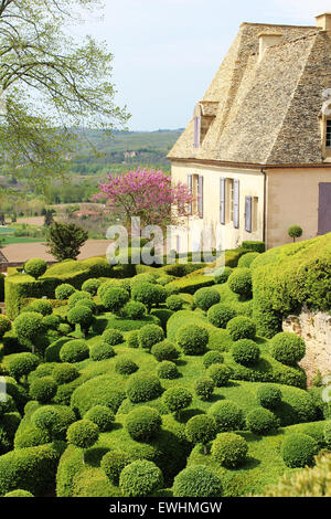 Blick auf das Chateau du Marqueyssac mit Dordogne-Tal im Hintergrund. Fantastische Buchsbaum Formschnitt im Vordergrund Stockfoto