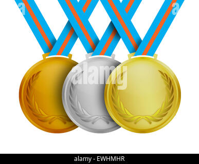 Gold-, Silber- und Bronze Medaillen auf einem weißen Hintergrund. Stockfoto