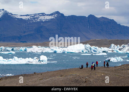 mittleren Alter Touristen zu Fuß Gruppe in der Gletscherlagune Jökulsárlón Island Stockfoto