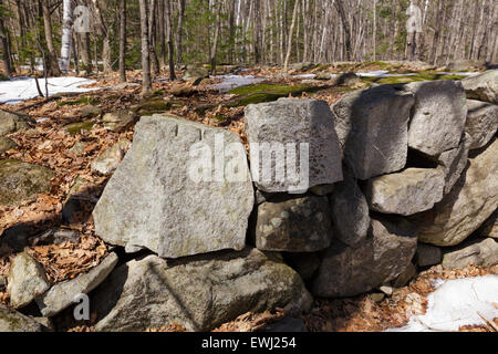 Die Überreste eines verlassenen Granit-Stiftung aus der 19.-20. Jahrhundert Bergsiedlung in den Wald der Hügelkette St Stockfoto