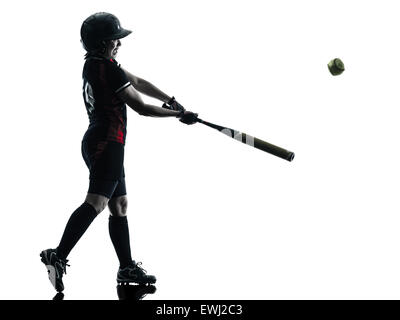 eine Frau spielen Softball-Spieler in der Silhouette isoliert auf weißem Hintergrund Stockfoto