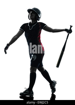 eine Frau spielen Softball-Spieler in der Silhouette isoliert auf weißem Hintergrund Stockfoto