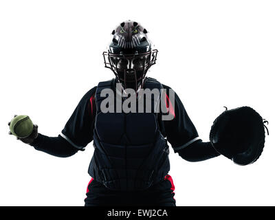 eine Frau spielen Softball-Spieler in der Silhouette isoliert auf weißem Hintergrund Stockfoto