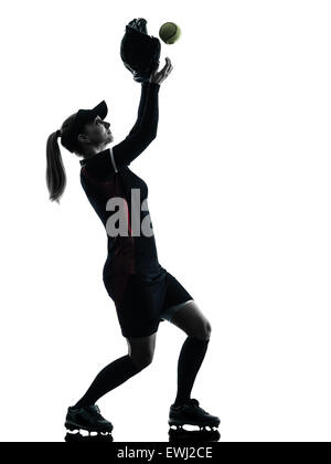 eine Frau spielen Softball-Spieler in der Silhouette isoliert auf weißem Hintergrund Stockfoto