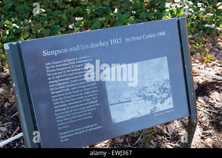 Militärmuseum Australian War Memorial in Canberra und eine Gedenktafel, Simpson und seinem Esel 1915, ACT, Australia Stockfoto