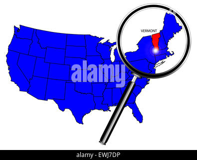 Umriss des Bundesstaates Vermont gesetzt in einer Karte der Vereinigten Staaten von Amerika unter der Lupe Stockfoto