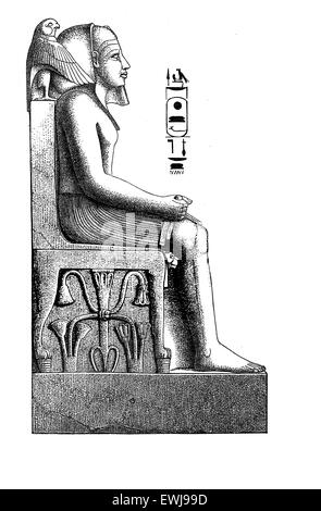 Antikes Ägypten, Gravur - Portrait des Pharao sitzt auf Thron mit Hieroglyphen und heilige Symbole Stockfoto